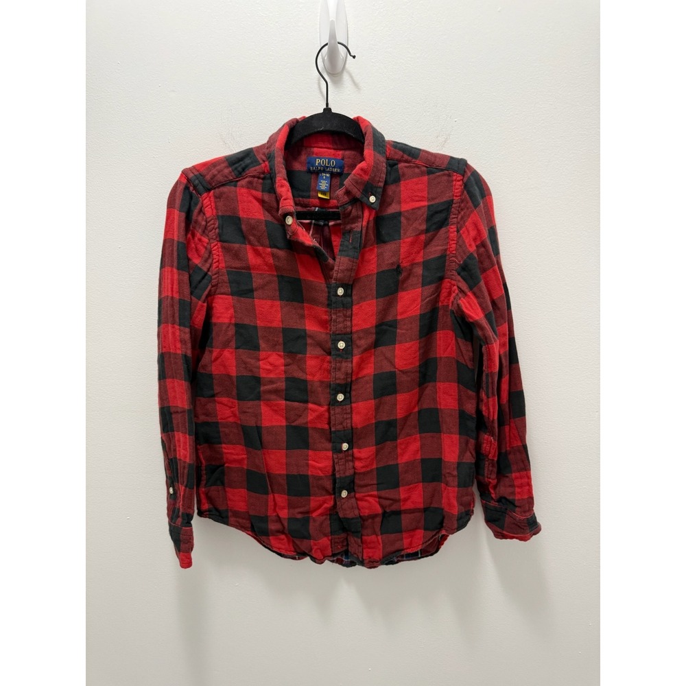 Polo Ralph Lauren Boys Large 14-16 Red Black Buffalo Plaid Flannel Button Down